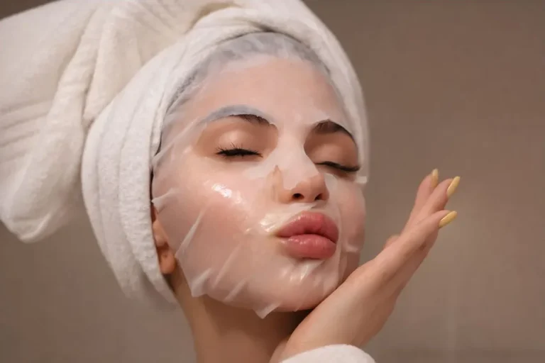 خانومی با حوله پیچیده شده دور سر و ماسک آبرسان روی پوست