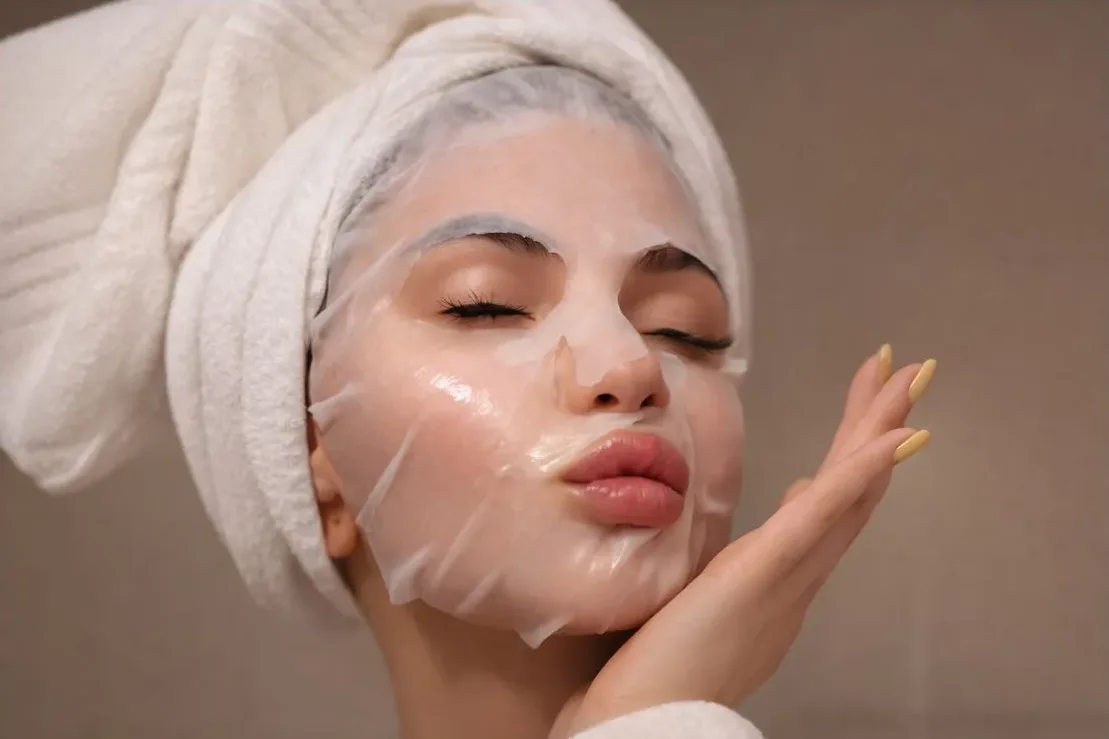 خانومی با حوله پیچیده شده دور سر و ماسک آبرسان روی پوست
